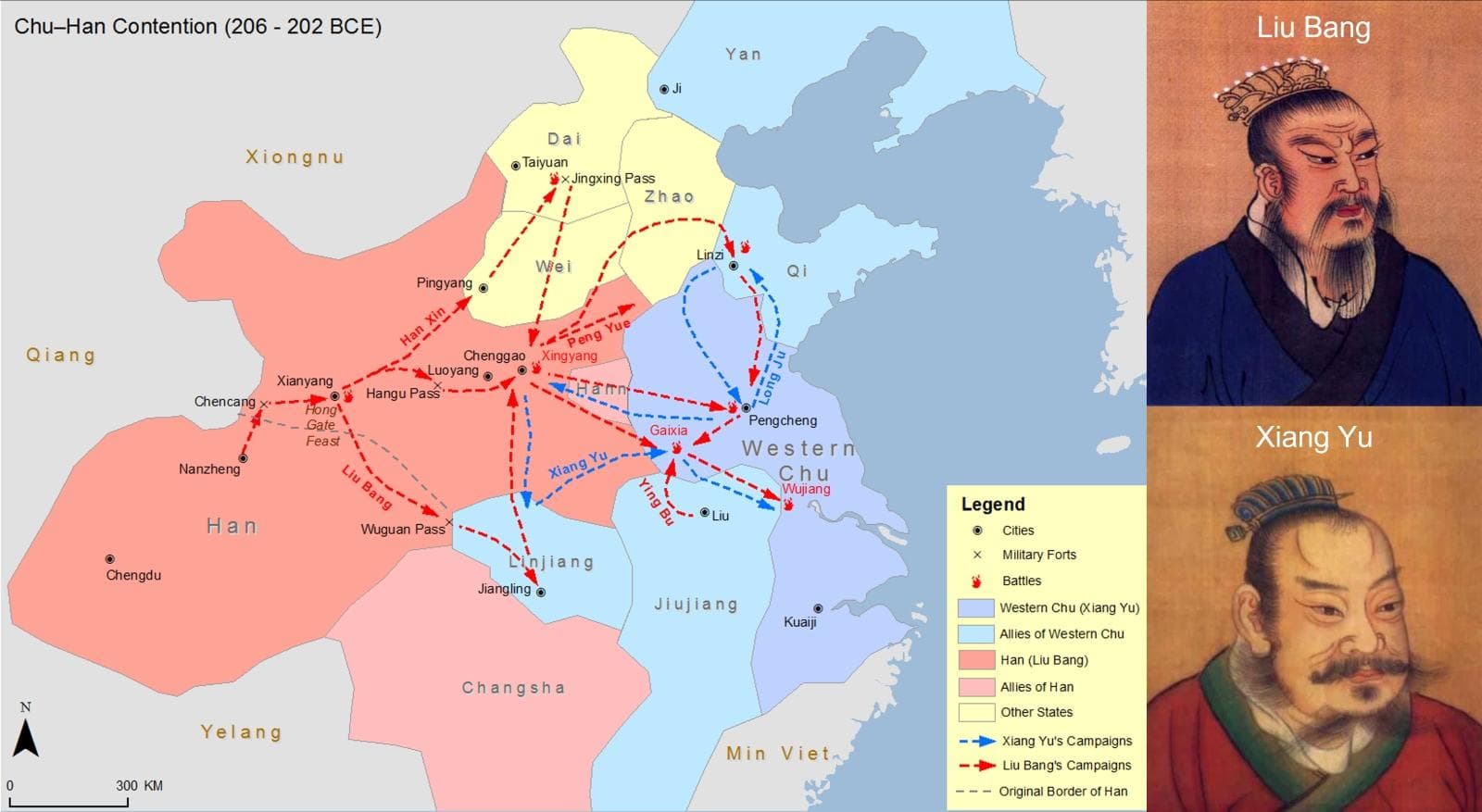 Map of the Chu Han Contention, portraits of Liu Bang and Xiang Yu