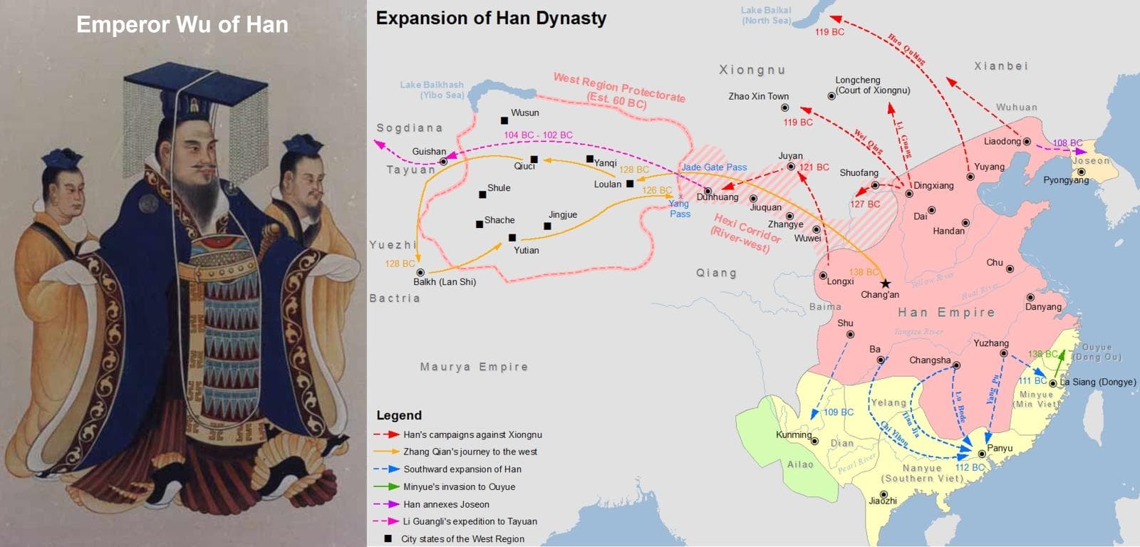 Portrait of Emperor Wu of Han and a map of Han's expansion
