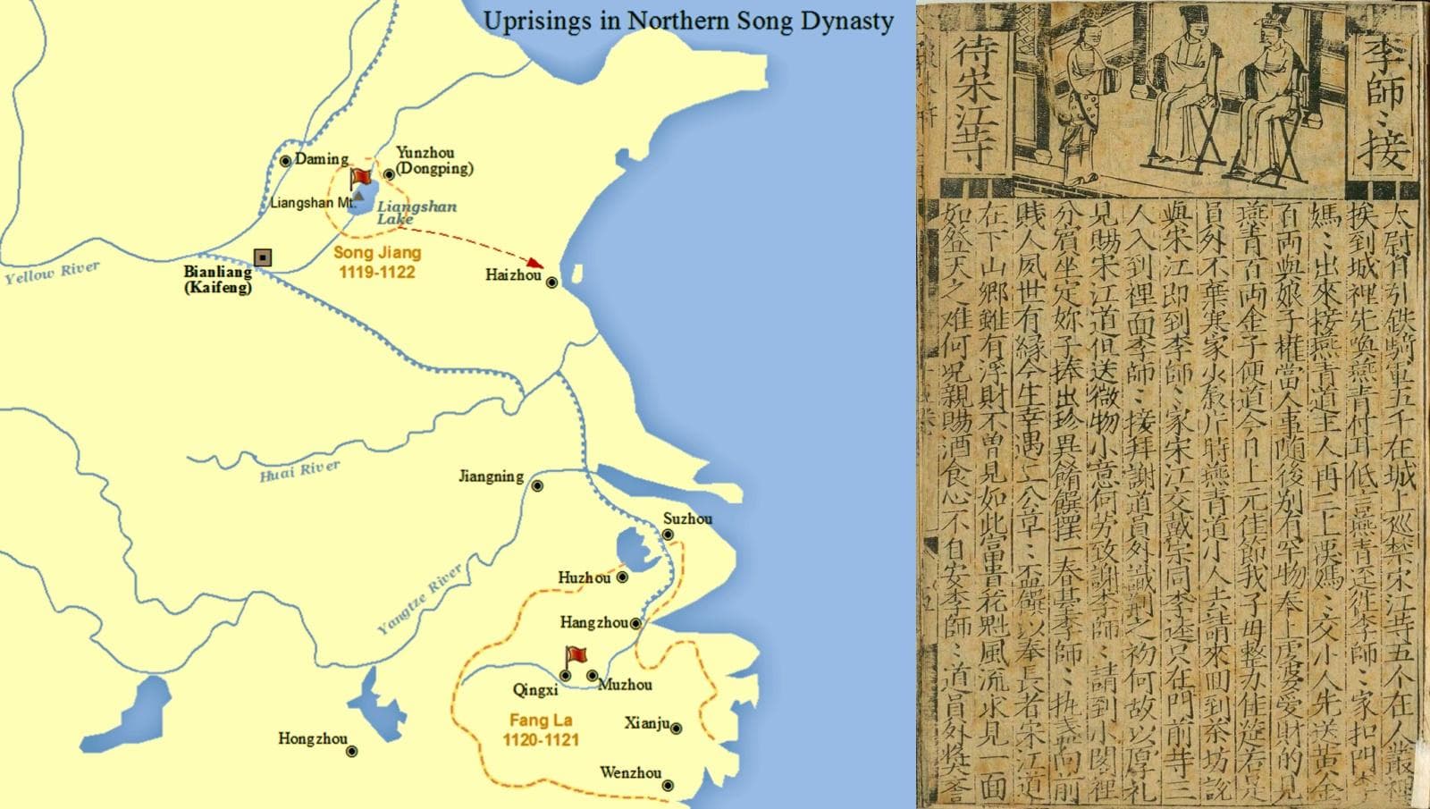 Song Jiang and Fang La's uprisings and a page from the novel Water Margin