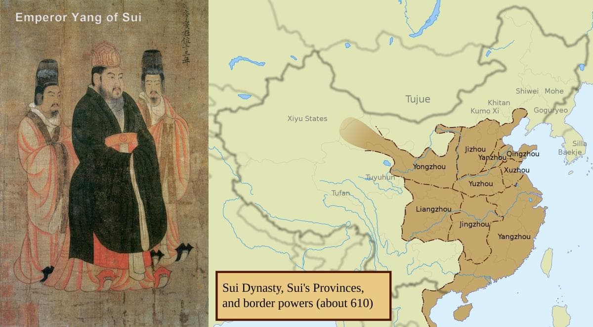 A portrait of Emperor Yang and map of Sui, 610 CE