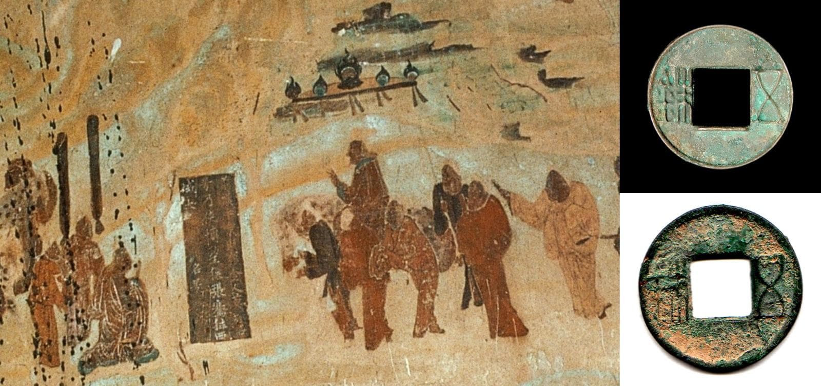 An illustration of Zhang Qian's Mission to the Western Regions and images of Five-baht Coins